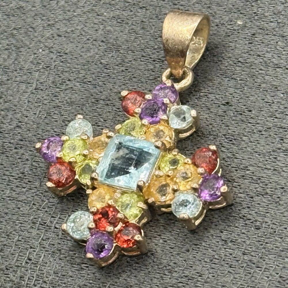 VTG GSJ 925 Sterling Silver Multi Gemstone Cross Pendant. 3.9 Grams. Artist CN